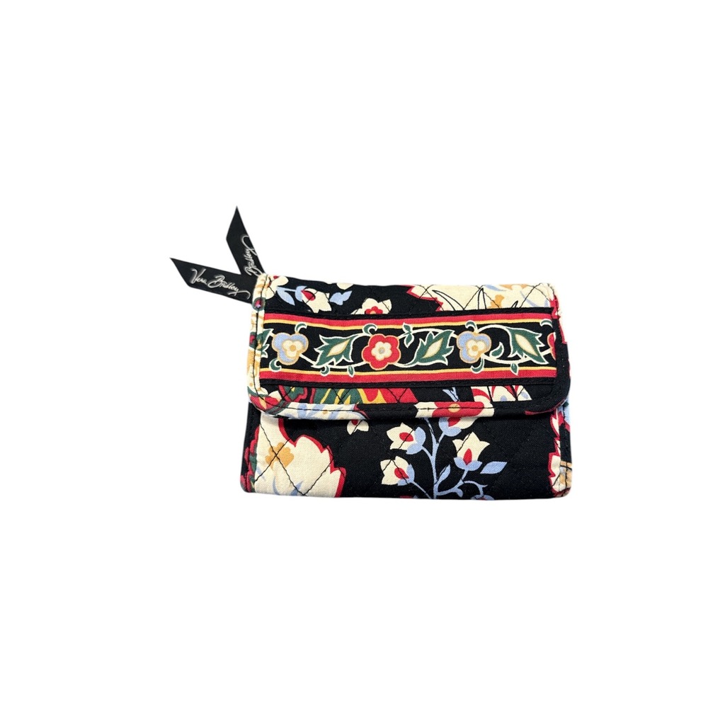 Vera‎ Bradley Versailles Trifold Wallet Quilted Floral Black Red Blue